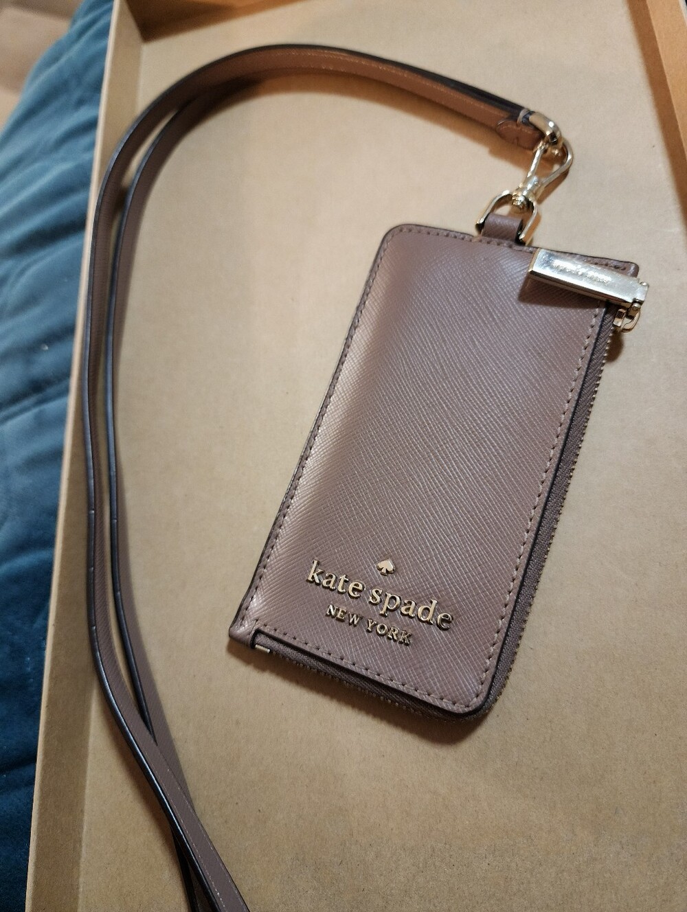 kate spade Brown Saffiano Leather Wristlet Card Holder with Strap Lanyard